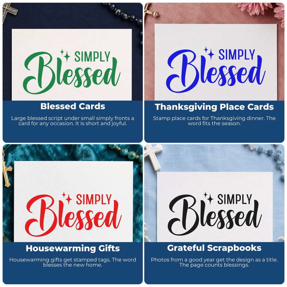 Four ways to use the Simply Blessed Wood Handle Stamp: blessed cards, thanksgiving place cards, housewarming gifts and grateful scrapbooks.