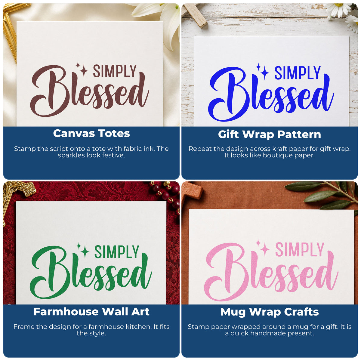 Four ways to use the Simply Blessed Wood Handle Stamp: canvas totes, gift wrap pattern, farmhouse wall art and mug wrap crafts.