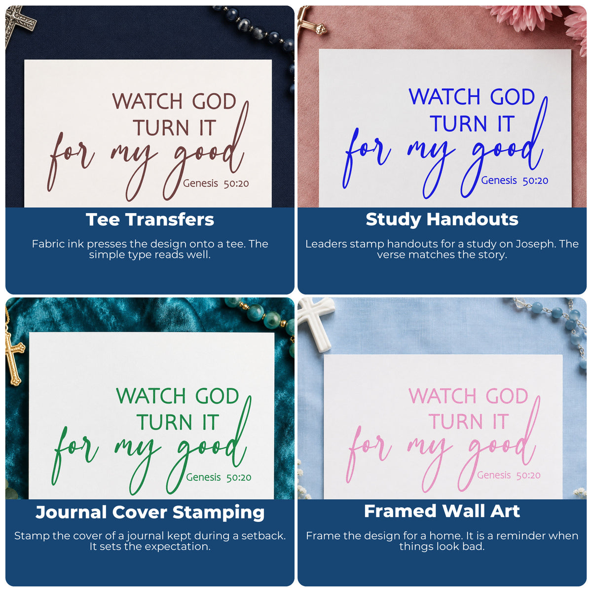 Four ways to use the Watch God Turn It For Good Pre-Inked Stamp – Slim: tee transfers, study handouts, journal cover stamping and framed wall art.