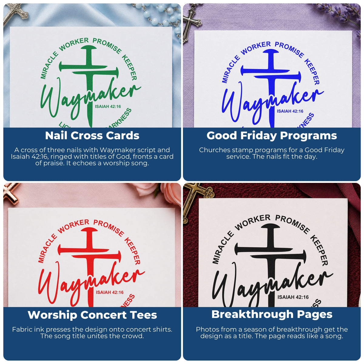 Four ways to use the Waymaker Three-Nail Cross Stamp - Premium Vintage Pro Wooden: nail cross cards, good friday programs, worship concert tees and breakthrough pages.