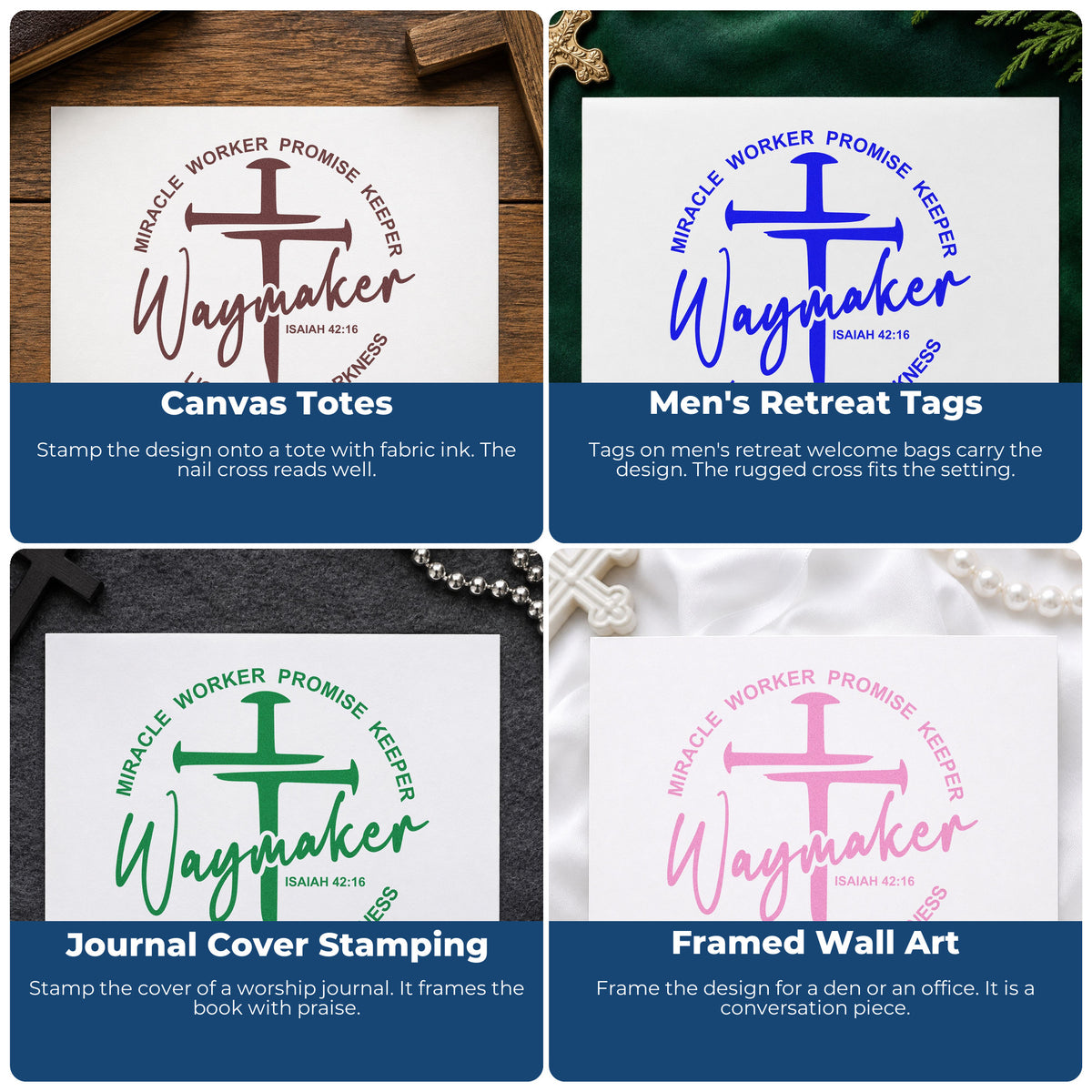 Four ways to use the Waymaker Three-Nail Cross Slim Pre-Inked Stamp: canvas totes, men's retreat tags, journal cover stamping and framed wall art.