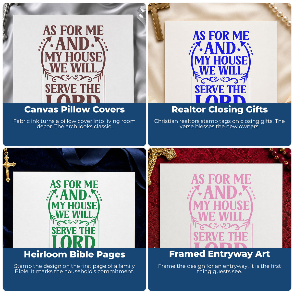 Four ways to use the As For Me And My House Self-Inking Stamp: canvas pillow covers, realtor closing gifts, heirloom bible pages and framed entryway art.