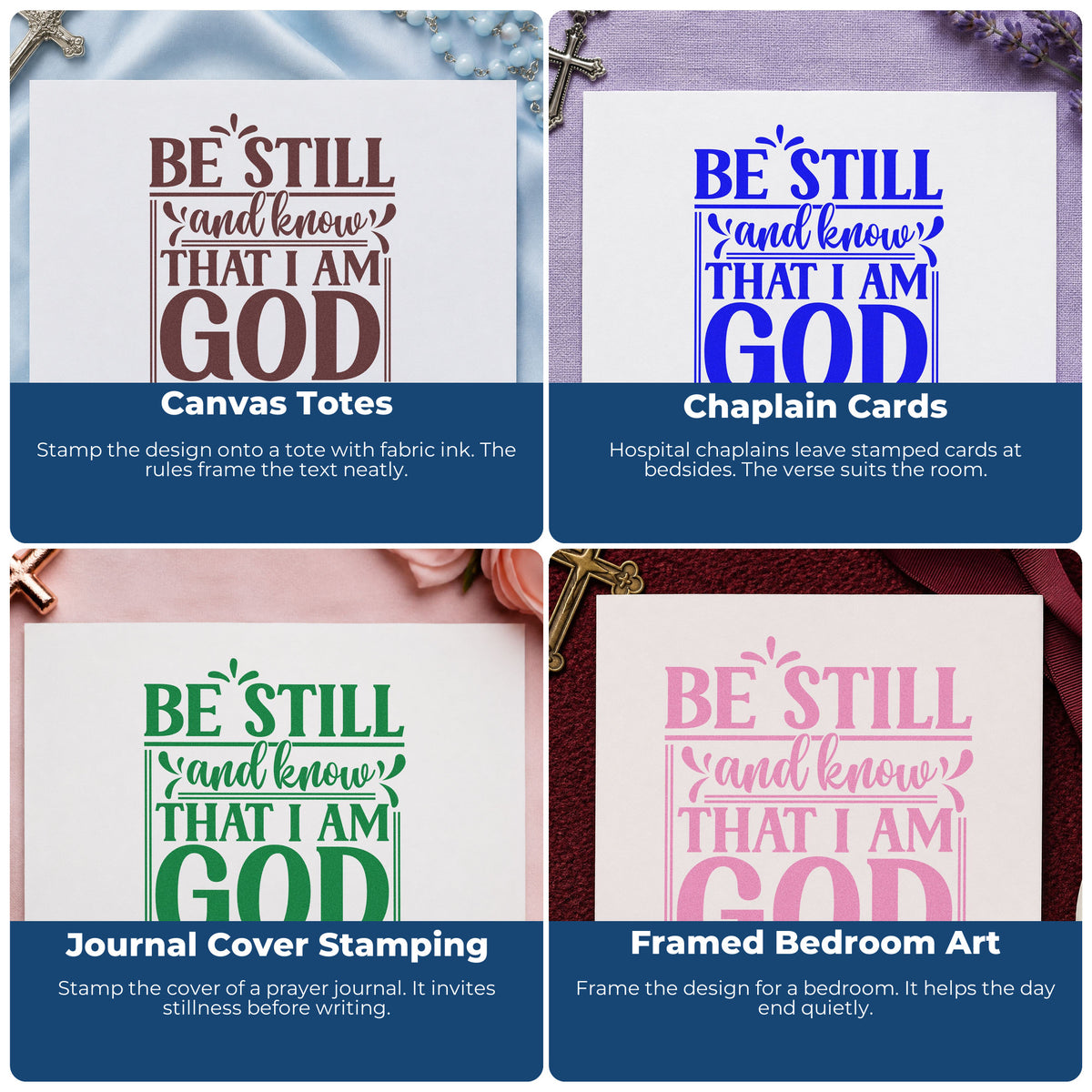 Four ways to use the Be Still And Know That I Am God Premium Wooden Stamp - Vintage Pro: canvas totes, chaplain cards, journal cover stamping and framed bedroom art.