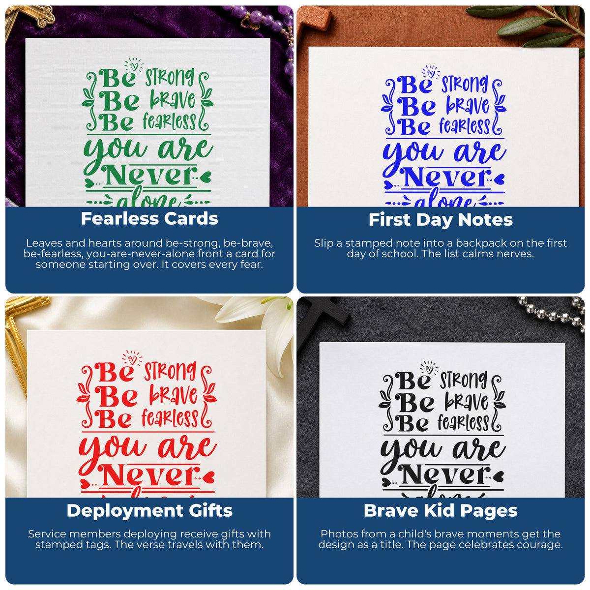 Four ways to use the Be Strong Brave Fearless Stamp - Premium Vintage Pro Wooden: fearless cards, first day notes, deployment gifts and brave kid pages.