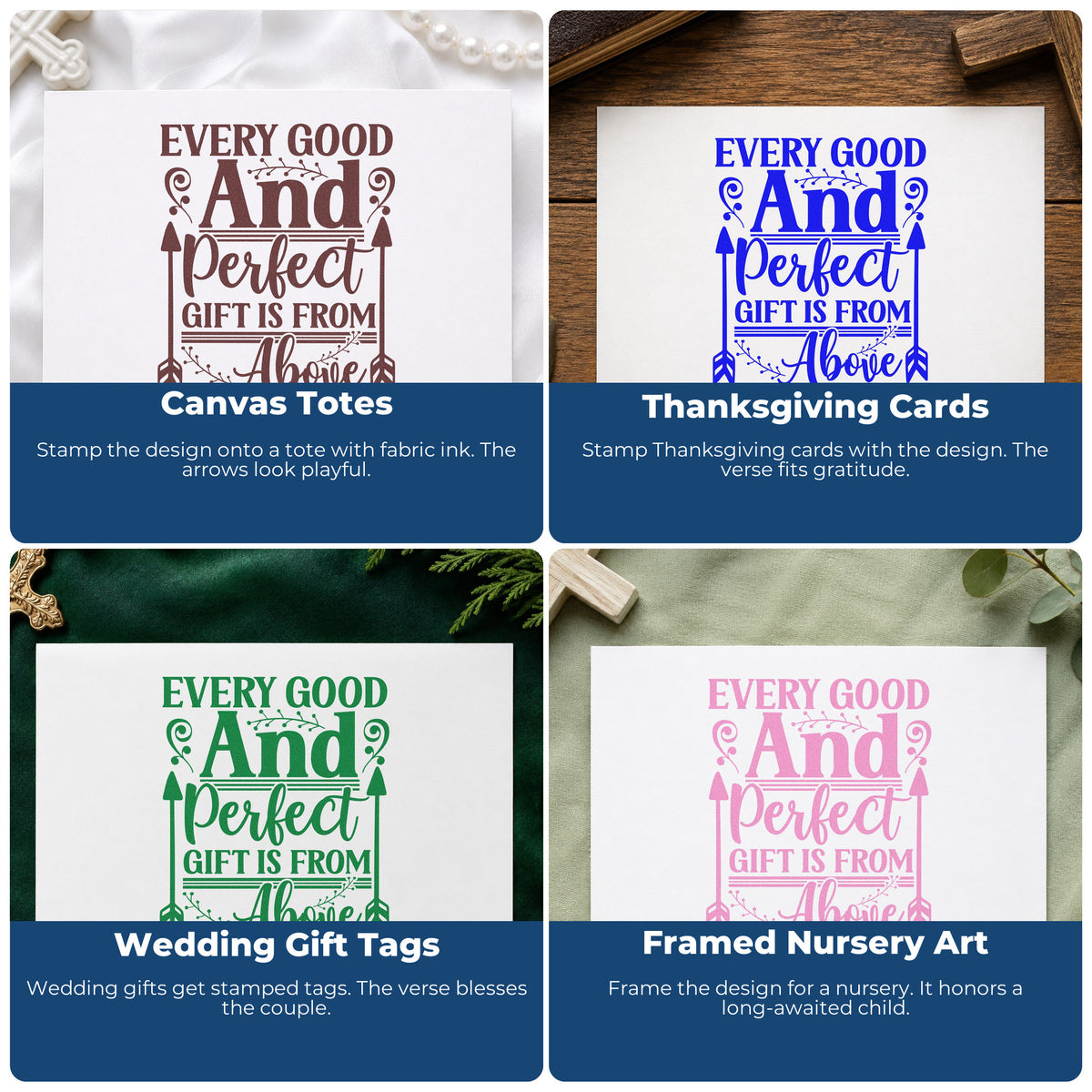 Four ways to use the Every Good And Perfect Gift Rubber Stamp – Wood Handle: canvas totes, thanksgiving cards, wedding gift tags and framed nursery art.