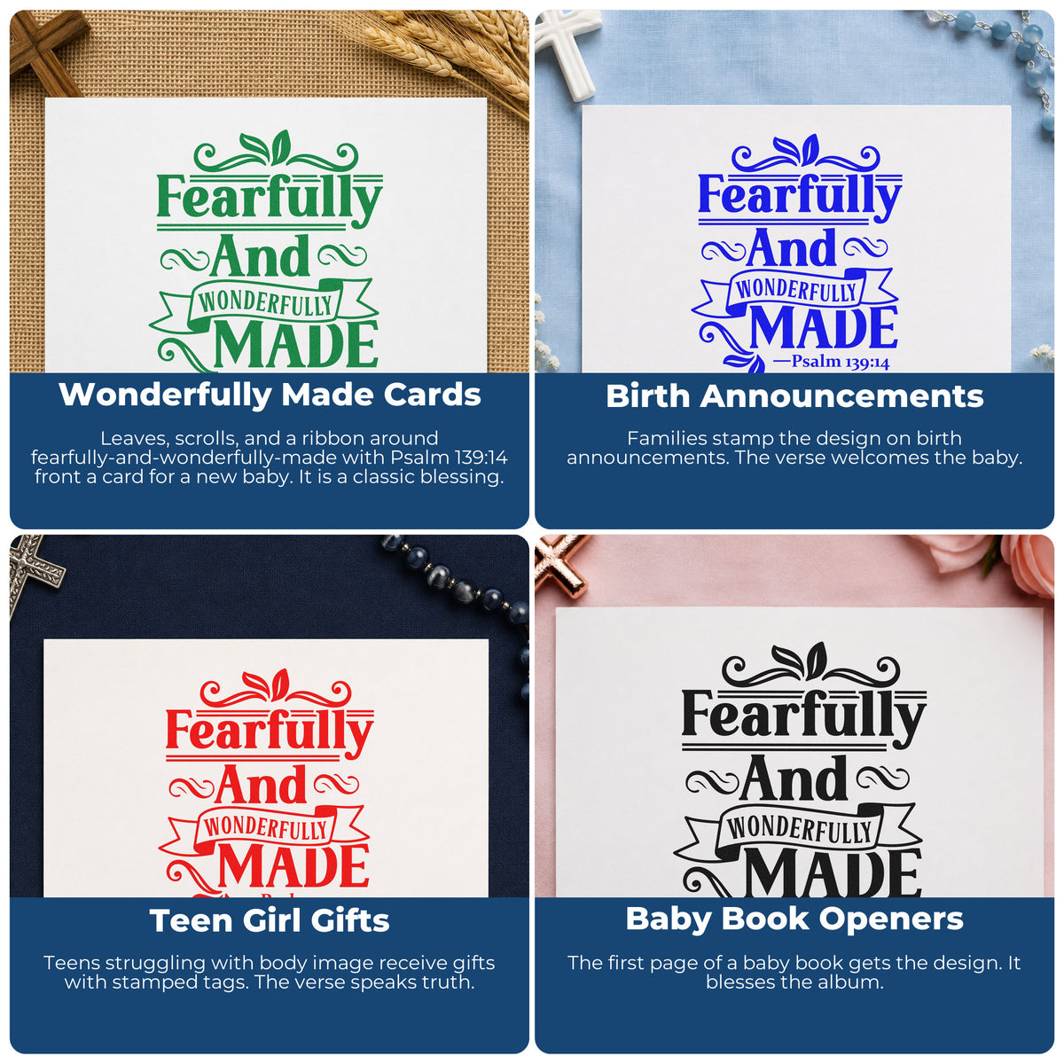 Four ways to use the Fearfully And Wonderfully Made Rubber Stamp – Duo Hand: wonderfully made cards, birth announcements, teen girl gifts and baby book openers.