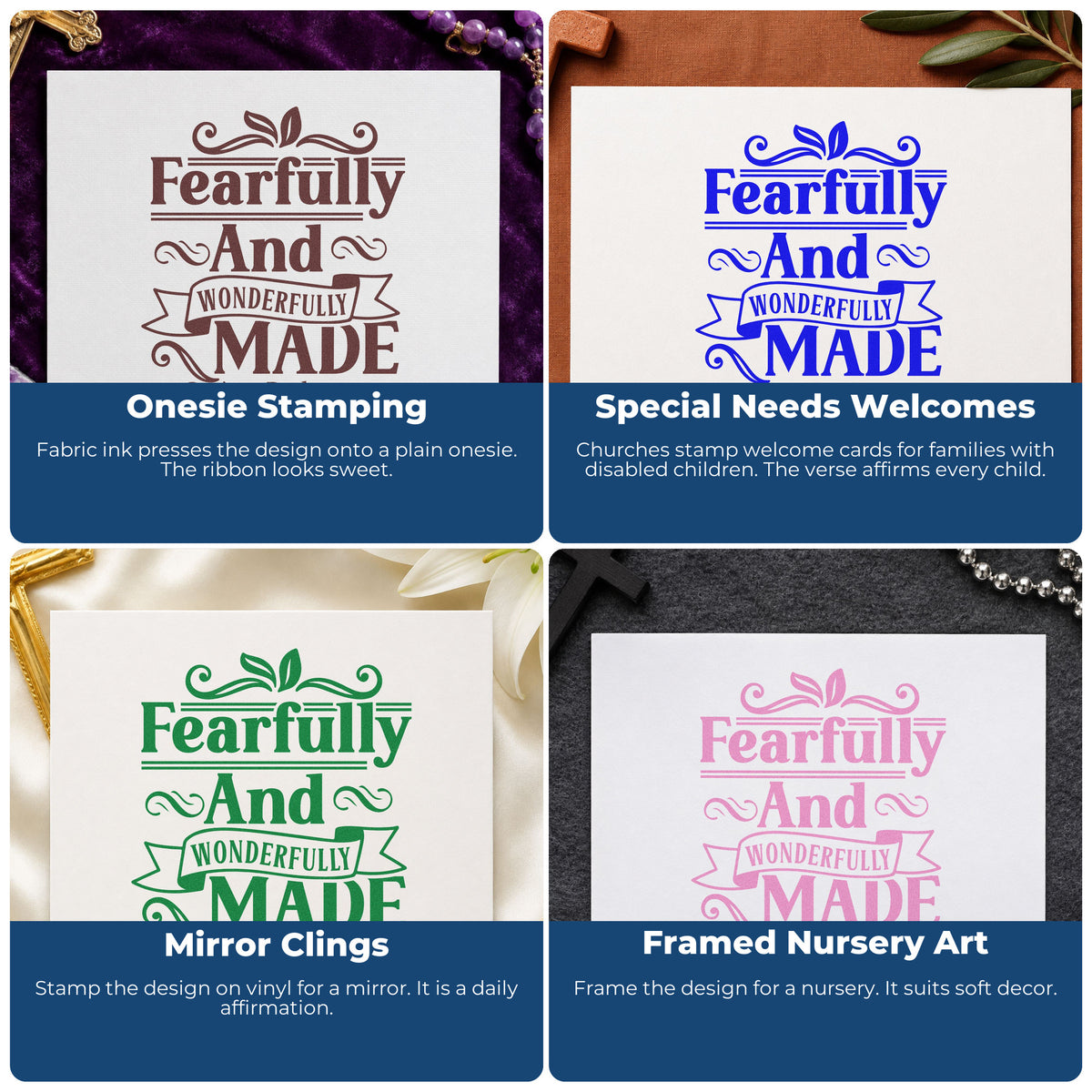 Four ways to use the Fearfully And Wonderfully Made Premium Wooden Stamp - Vintage Pro: onesie stamping, special needs welcomes, mirror clings and framed nursery art.