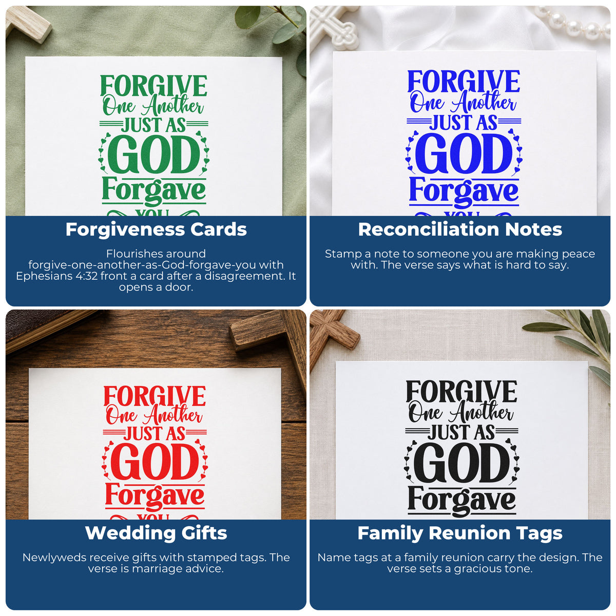 Four ways to use the Forgive One Another Just As God Forgave You PSI Pre-Inked Stamp: forgiveness cards, reconciliation notes, wedding gifts and family reunion tags.
