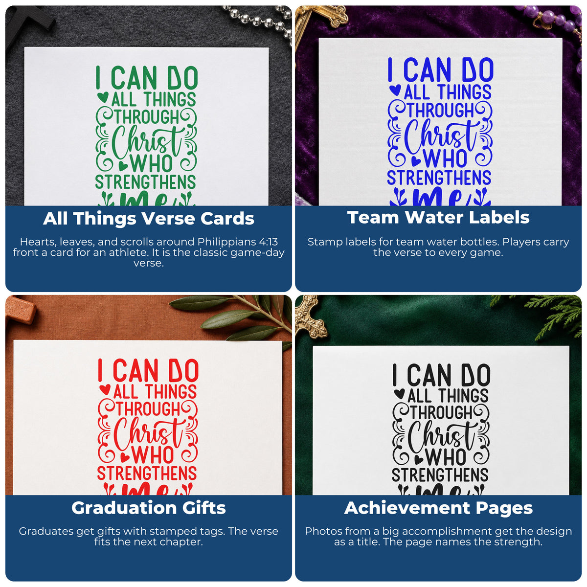 Four ways to use the I Can Do All Things Stamp – Self-Inking: all things verse cards, team water labels, graduation gifts and achievement pages.