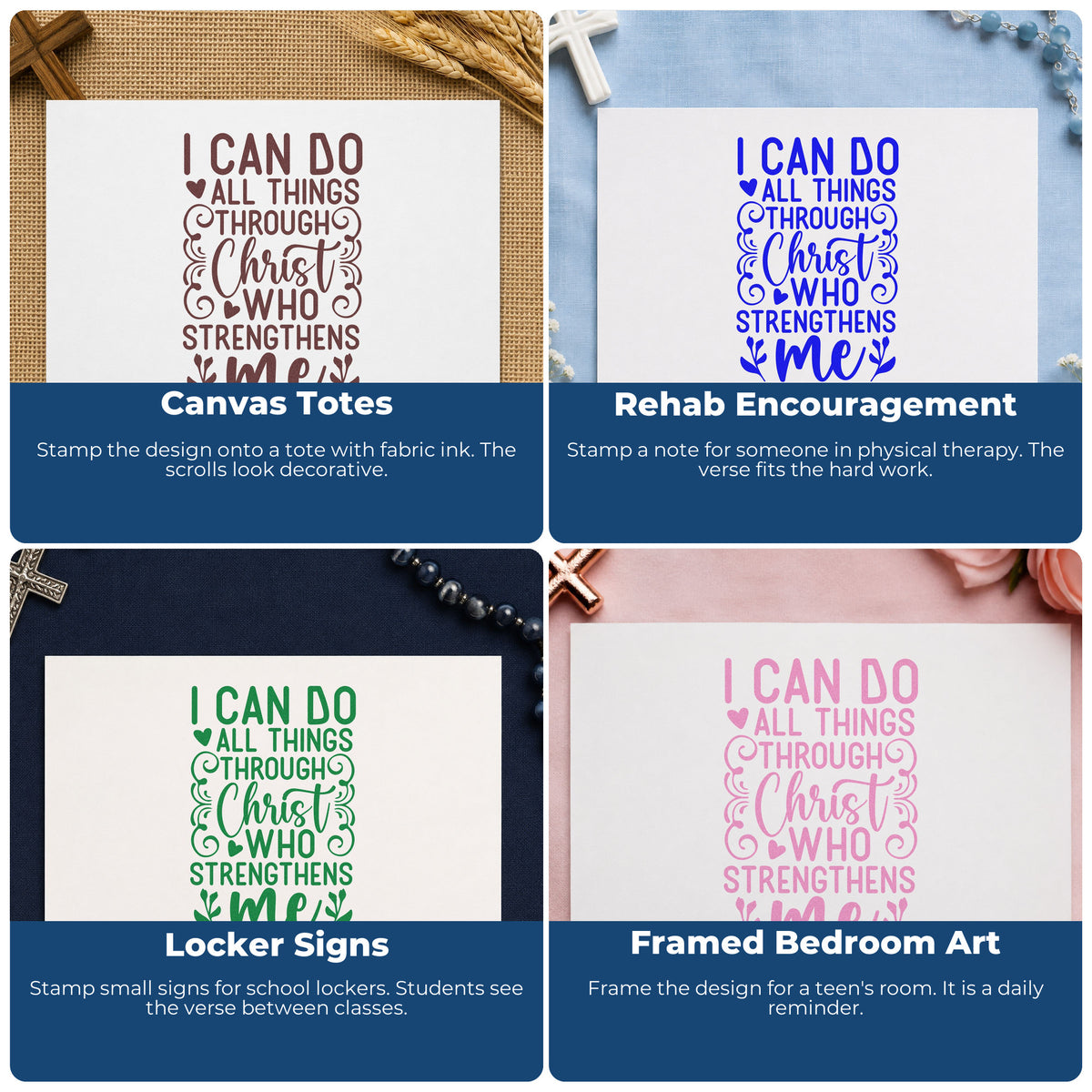 Four ways to use the I Can Do All Things Rubber Stamp – Wood Handle: canvas totes, rehab encouragement, locker signs and framed bedroom art.