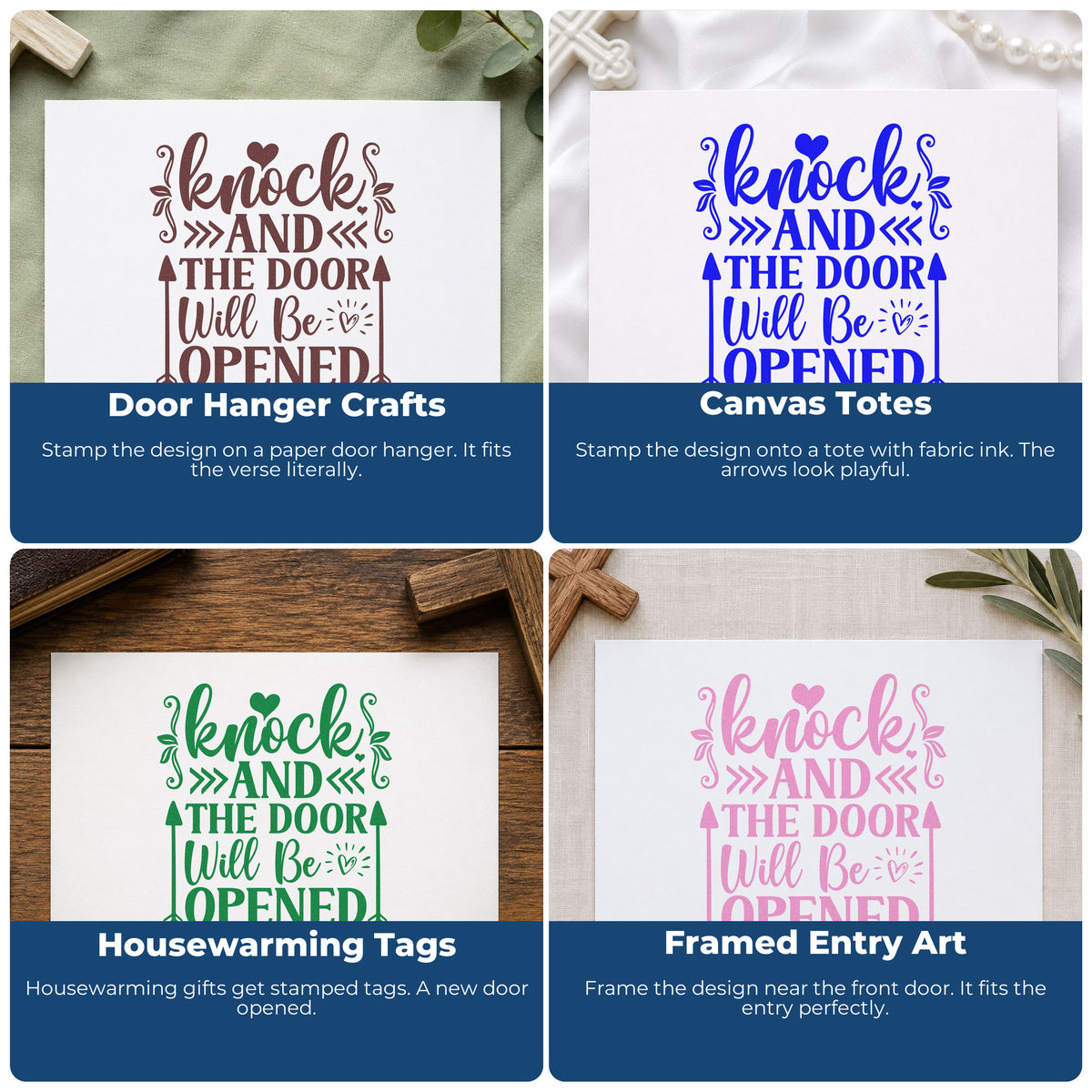 Four ways to use the Knock And The Door Will Open Leaf Accents Self-Inking Stamp: door hanger crafts, canvas totes, housewarming tags and framed entry art.
