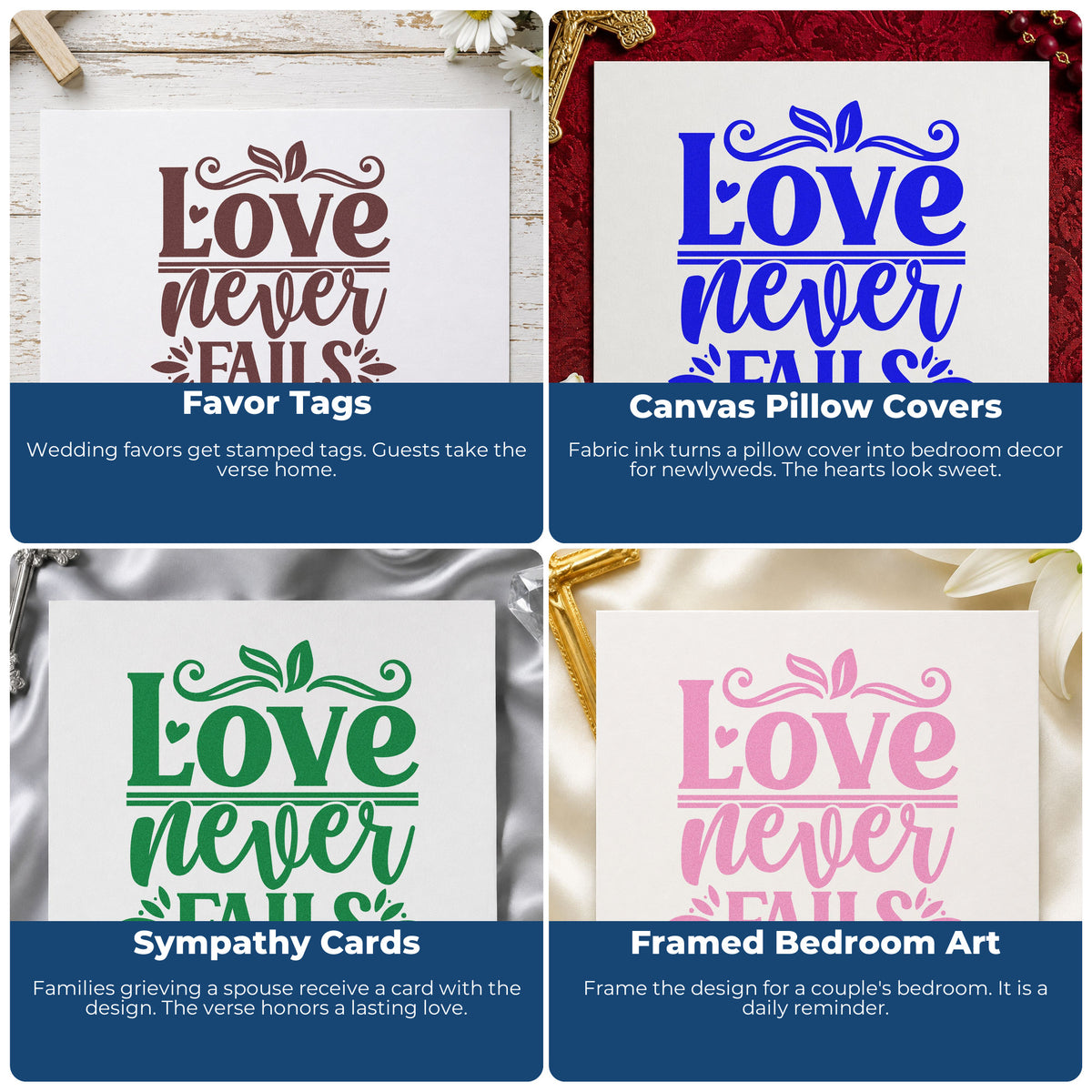 Four ways to use the Wood Handle Love Never Fails Leaf Accents Rubber Stamp: favor tags, canvas pillow covers, sympathy cards and framed bedroom art.
