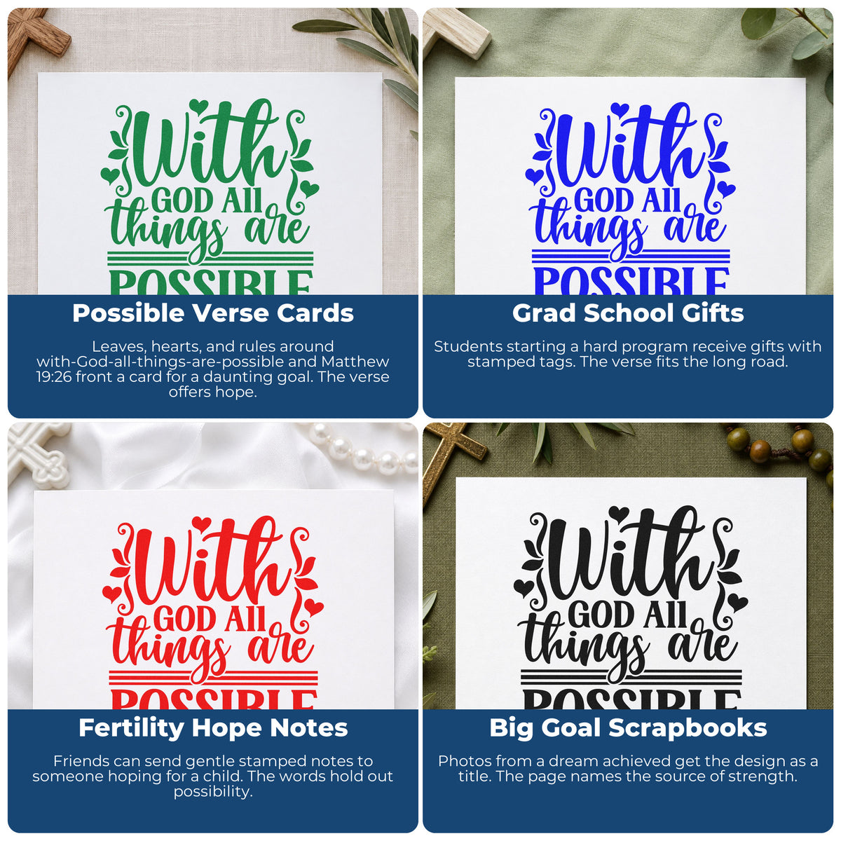 Rubber stamps for Bible journaling, faith scrapbooking, prayer cards, and church event favors with uplifting Christian verses.