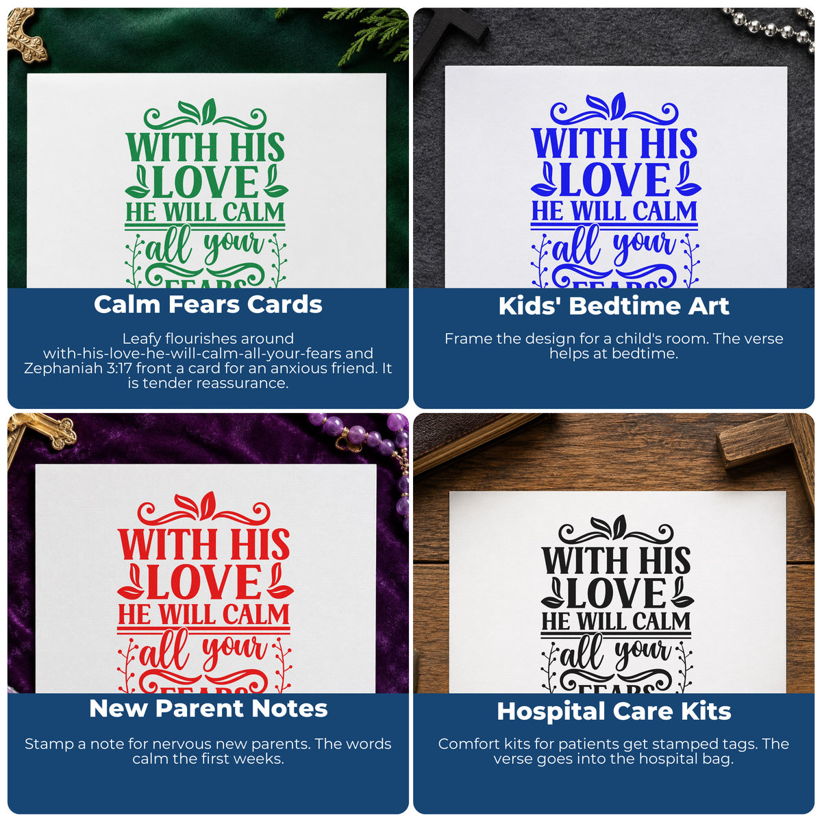 Four ways to use the His Love Calms Your Fears Leaf Accents Stamp – Self-Inking: calm fears cards, kids' bedtime art, new parent notes and hospital care kits.
