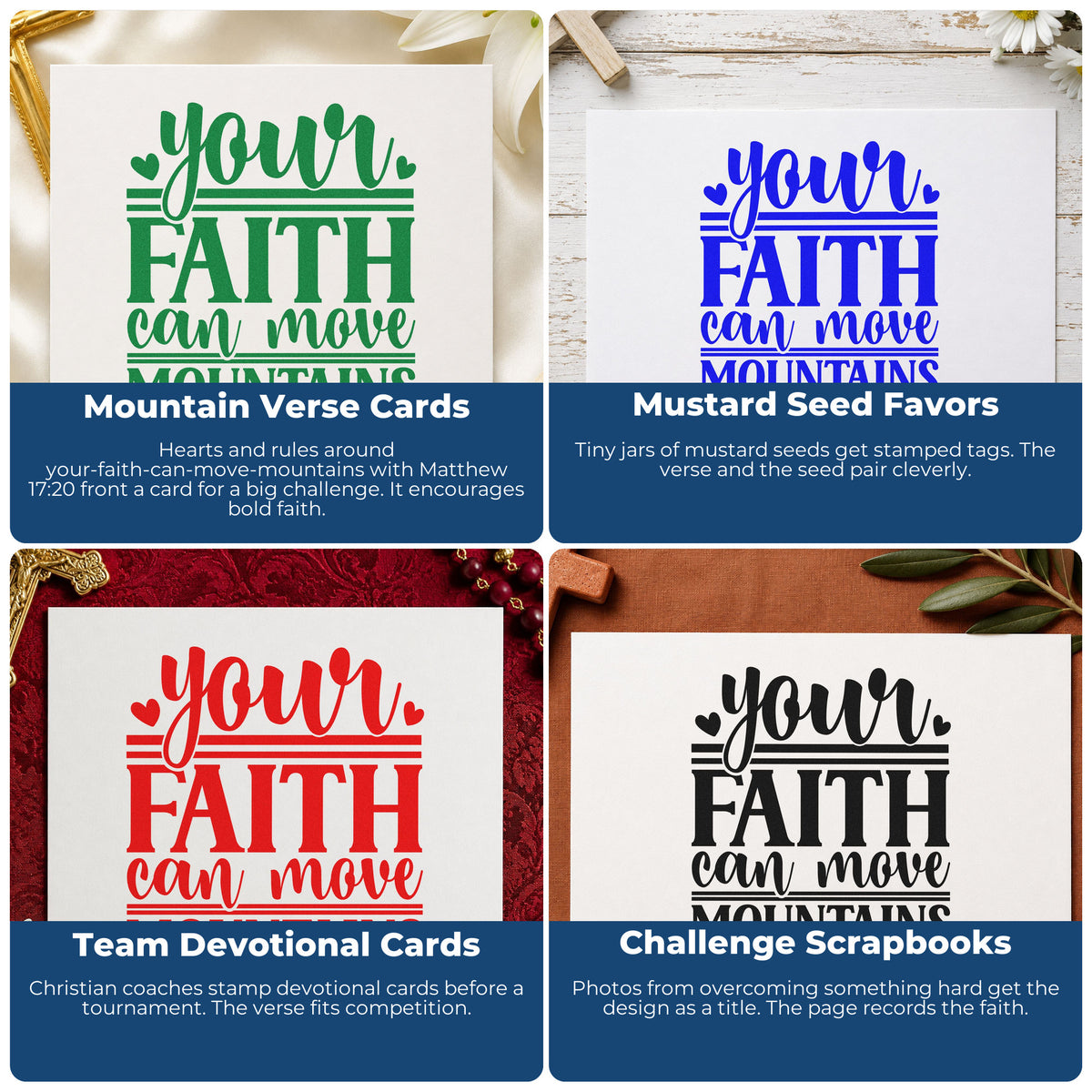 Four ways to use the Your Faith Can Move Mountains Premium Wood-Mounted Stamp - Vintage Pro: mountain verse cards, mustard seed favors, team devotional cards and challenge scrapbooks.