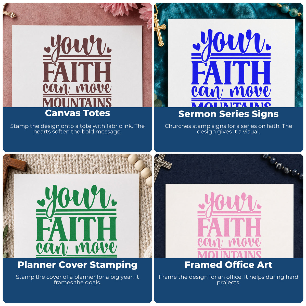 Four ways to use the Your Faith Can Move Mountains Rubber Stamp – Duo Hand: canvas totes, sermon series signs, planner cover stamping and framed office art.