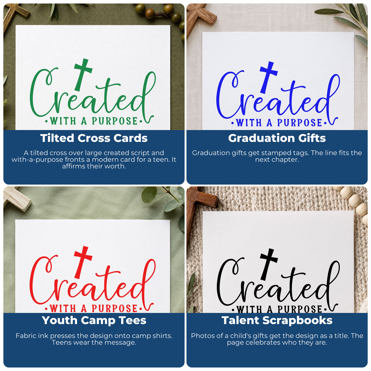 Four ways to use the Slim Pre-Inked Created With A Purpose Script Stamp: tilted cross cards, graduation gifts, youth camp tees and talent scrapbooks.