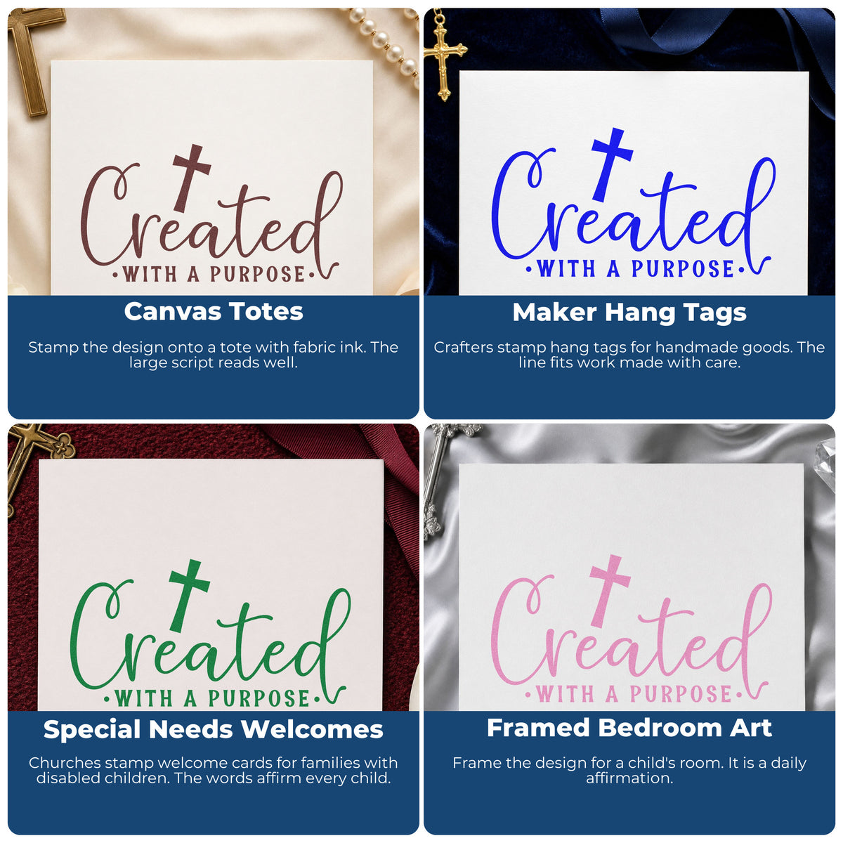 Four ways to use the Created With A Purpose Script Rubber Stamp – Duo Hand: canvas totes, maker hang tags, special needs welcomes and framed bedroom art.