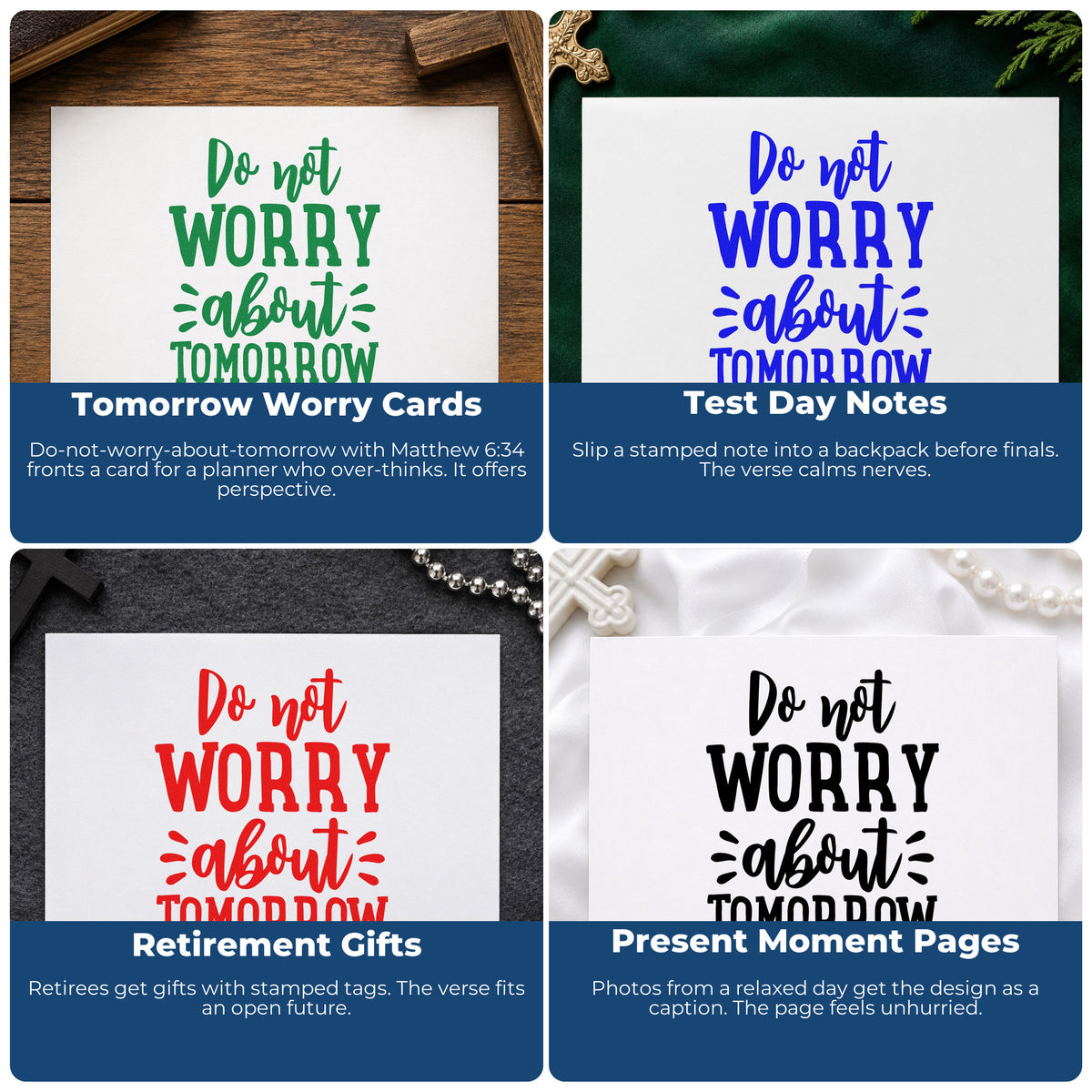Four ways to use the Do Not Worry About Tomorrow Lettering Hand Stamp – Duo: tomorrow worry cards, test day notes, retirement gifts and present moment pages.