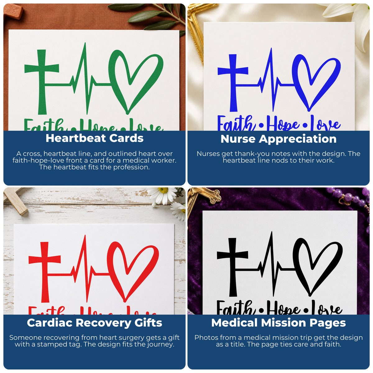 Four ways to use the Faith Hope Love Heartbeat Rubber Stamp – Wood Handle: heartbeat cards, nurse appreciation, cardiac recovery gifts and medical mission pages.
