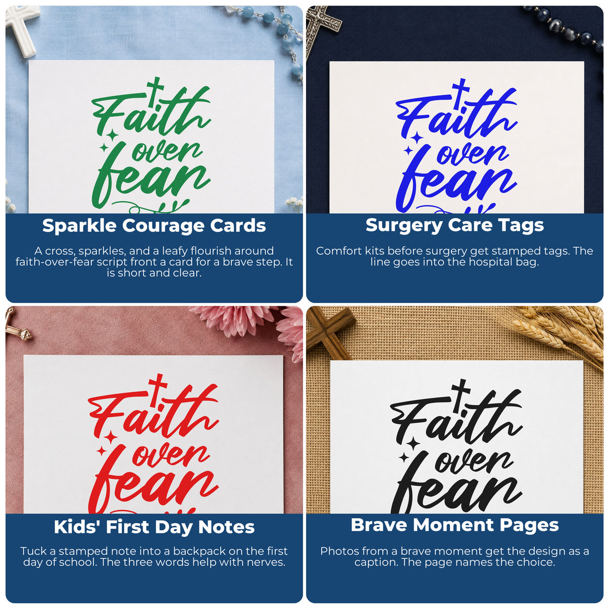 Four ways to use the Faith Over Fear PSI Pre-Inked Stamp: sparkle courage cards, surgery care tags, kids' first day notes and brave moment pages.