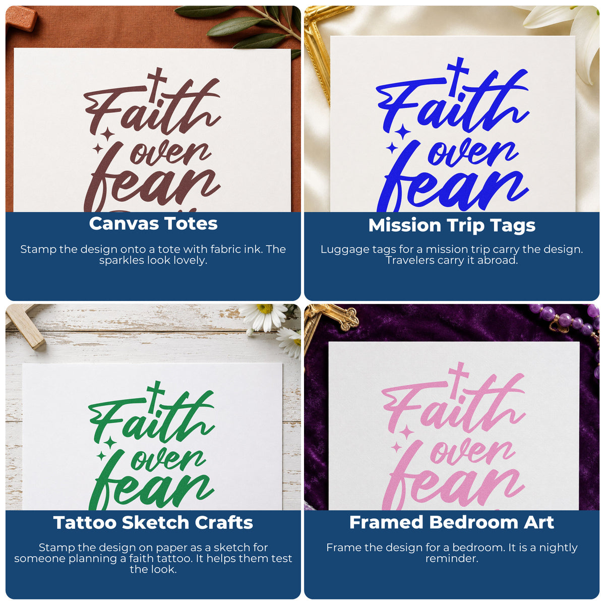 Four ways to use the Faith Over Fear PSI Pre-Inked Stamp: canvas totes, mission trip tags, tattoo sketch crafts and framed bedroom art.