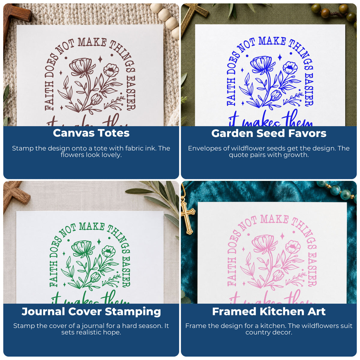 Four ways to use the Faith Makes Things Possible With Wildflowers Stamp – Self-Inking: canvas totes, garden seed favors, journal cover stamping and framed kitchen art.