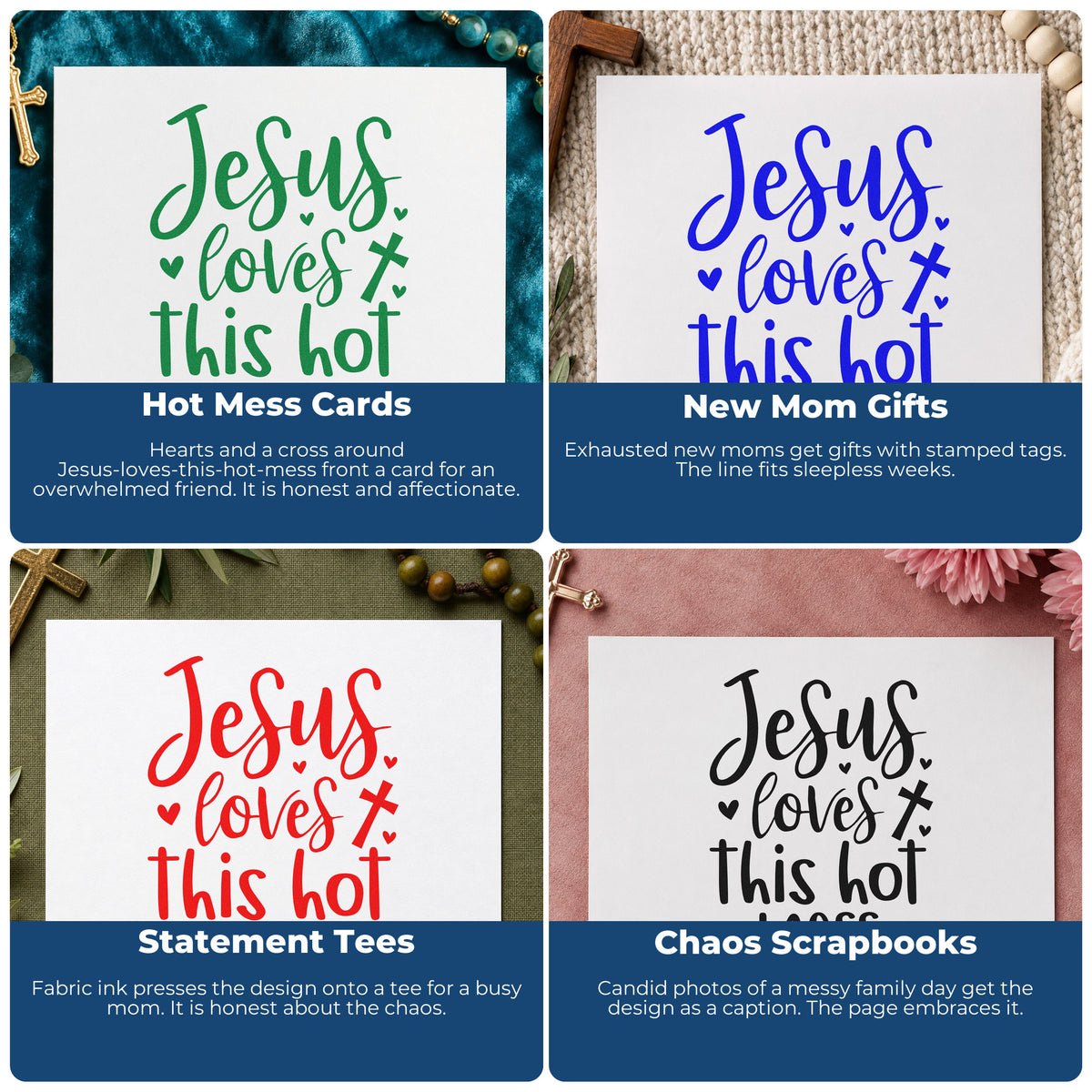 Four ways to use the Jesus Loves This Hot Mess Slim Pre-Inked Stamp: hot mess cards, new mom gifts, statement tees and chaos scrapbooks.