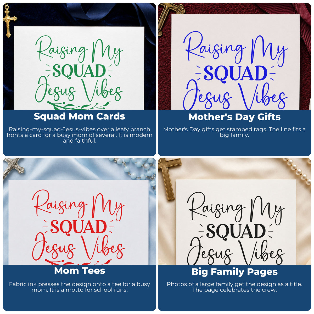 Four ways to use the Raising My Squad Jesus Vibes Slim Pre-Inked Stamp: squad mom cards, mother's day gifts, mom tees and big family pages.