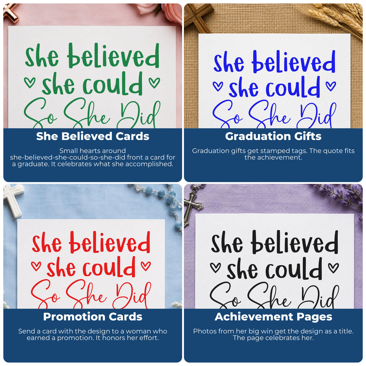Four ways to use the She Believed She Could Premium Wooden Stamp - Vintage Pro: she believed cards, graduation gifts, promotion cards and achievement pages.