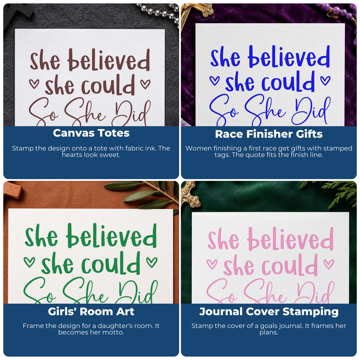Four ways to use the She Believed She Could Premium Wooden Stamp - Vintage Pro: canvas totes, race finisher gifts, girls' room art and journal cover stamping.