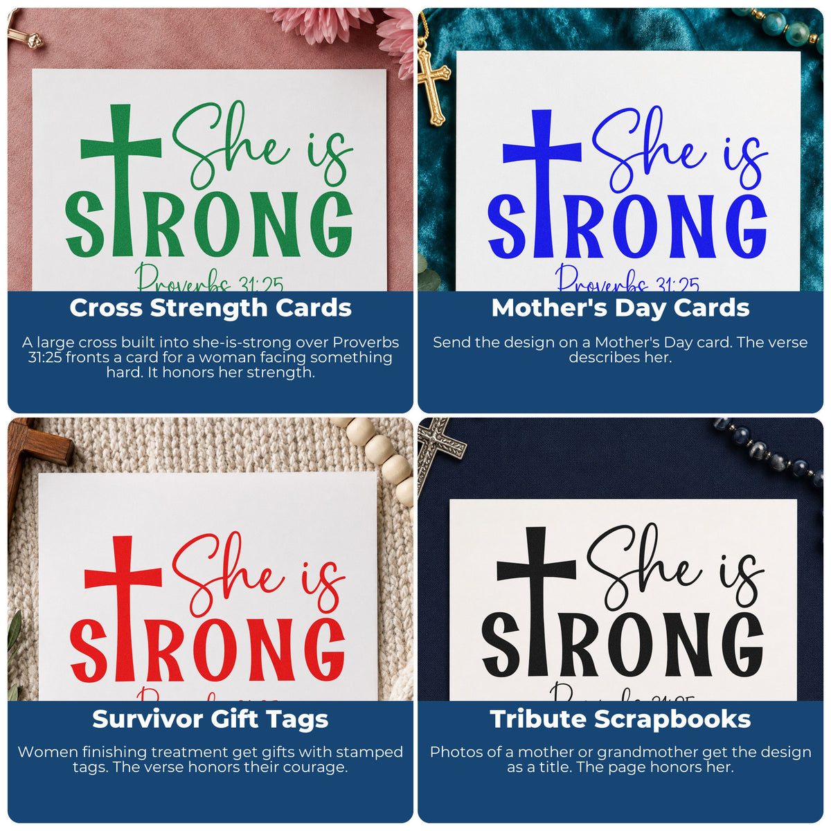 Four ways to use the She Is Strong Cross Premium Wooden Stamp - Vintage Pro: cross strength cards, mother's day cards, survivor gift tags and tribute scrapbooks.