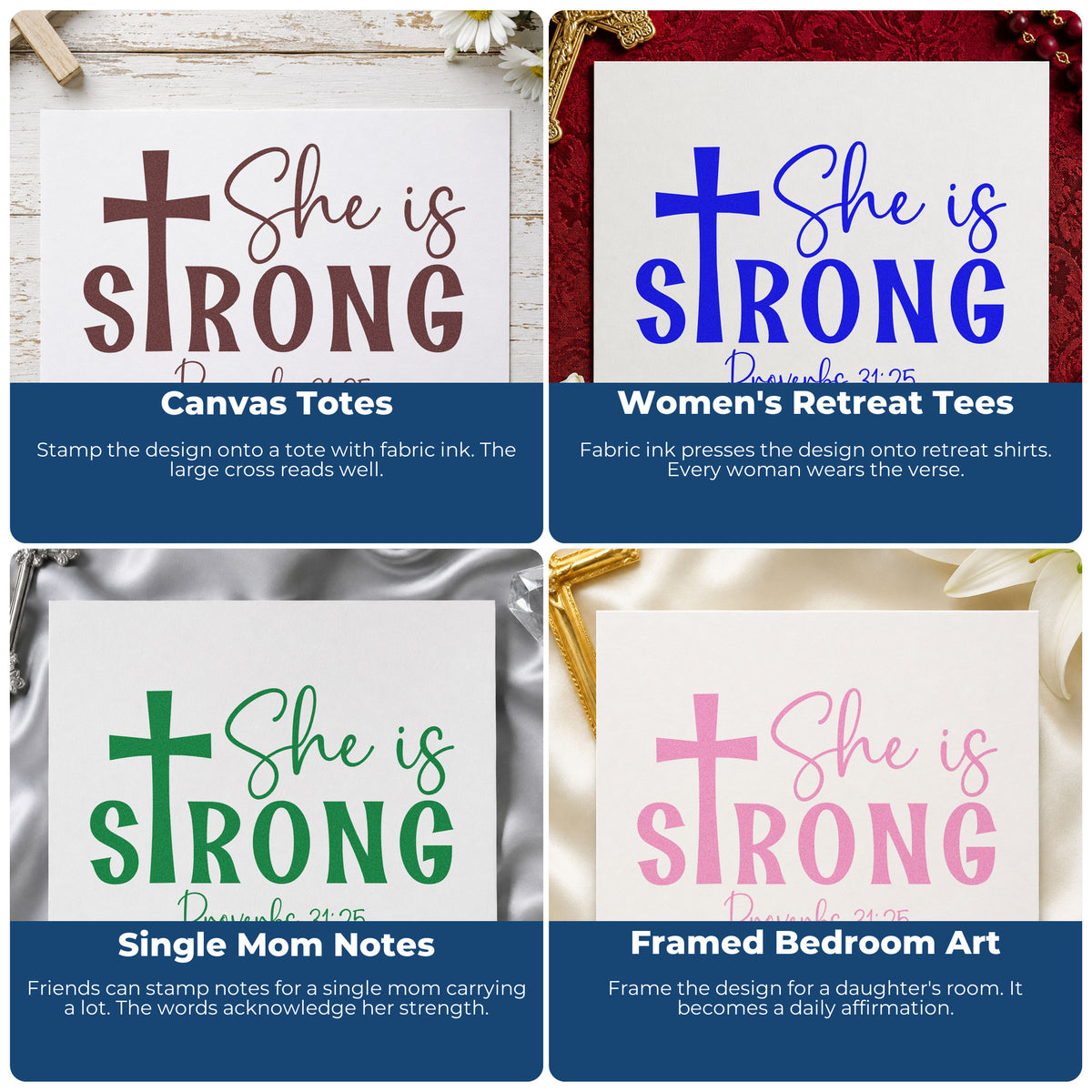 Four ways to use the She Is Strong Cross PSI Pre-Inked Stamp: canvas totes, women's retreat tees, single mom notes and framed bedroom art.