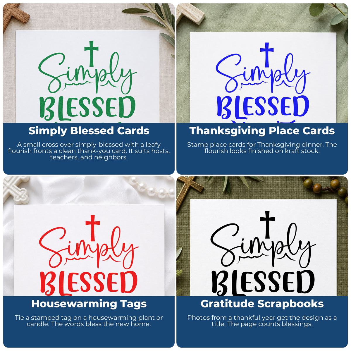 Four ways to use the Simply Blessed With Cross Rubber Stamp – Wood Handle: simply blessed cards, thanksgiving place cards, housewarming tags and gratitude scrapbooks.