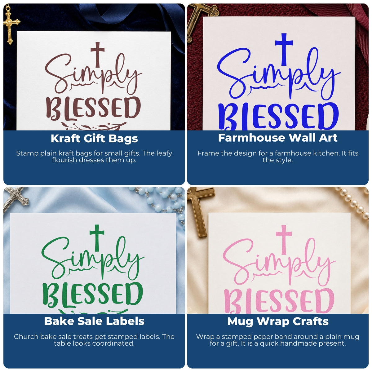 Four ways to use the PSI Pre-Inked Simply Blessed With Cross Stamp: kraft gift bags, farmhouse wall art, bake sale labels and mug wrap crafts.