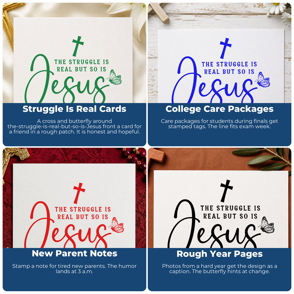Four ways to use the The Struggle Is Real But So Is Jesus Wood-Mounted Rubber Stamp: struggle is real cards, college care packages, new parent notes and rough year pages.