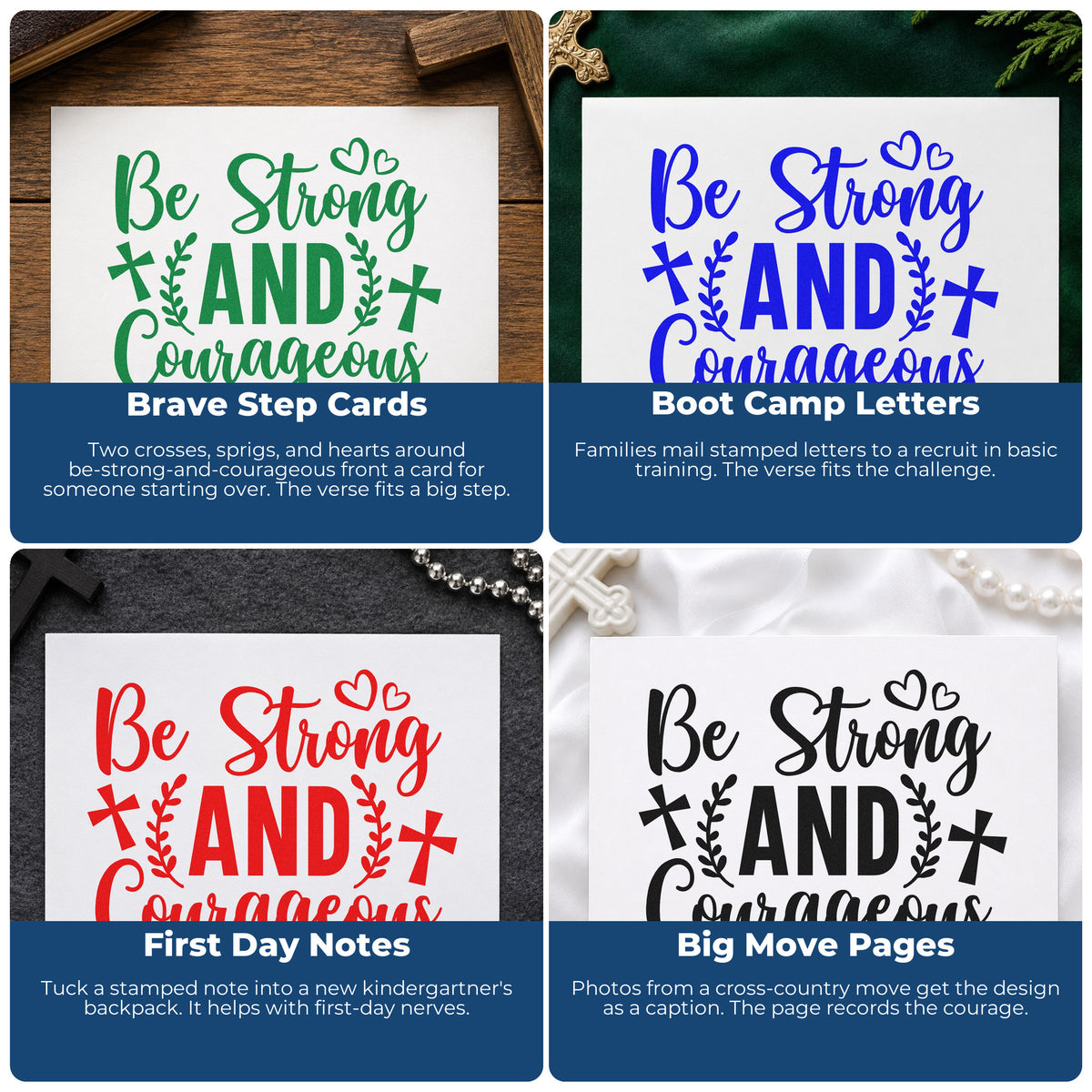 Four ways to use the Be Strong And Courageous Pre-Inked Stamp – PSI: brave step cards, boot camp letters, first day notes and big move pages.