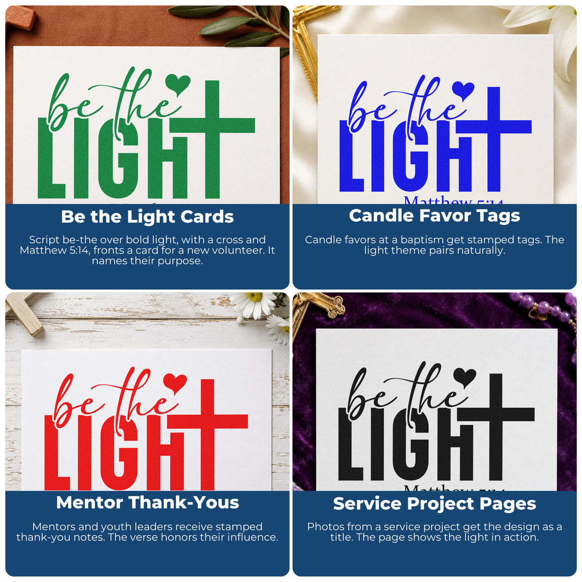Four ways to use the Pre-Inked Be The Light With Cross Stamp – PSI: be the light cards, candle favor tags, mentor thank-yous and service project pages.