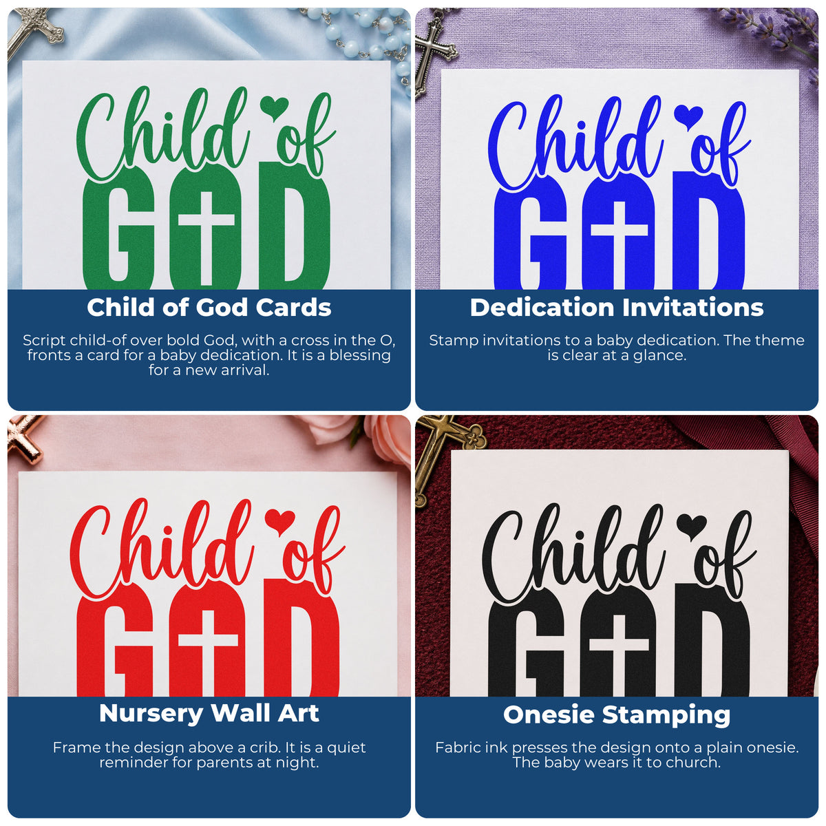 Four ways to use the Child Of God With Cross Pre-Inked Stamp – Slim: child of god cards, dedication invitations, nursery wall art and onesie stamping.