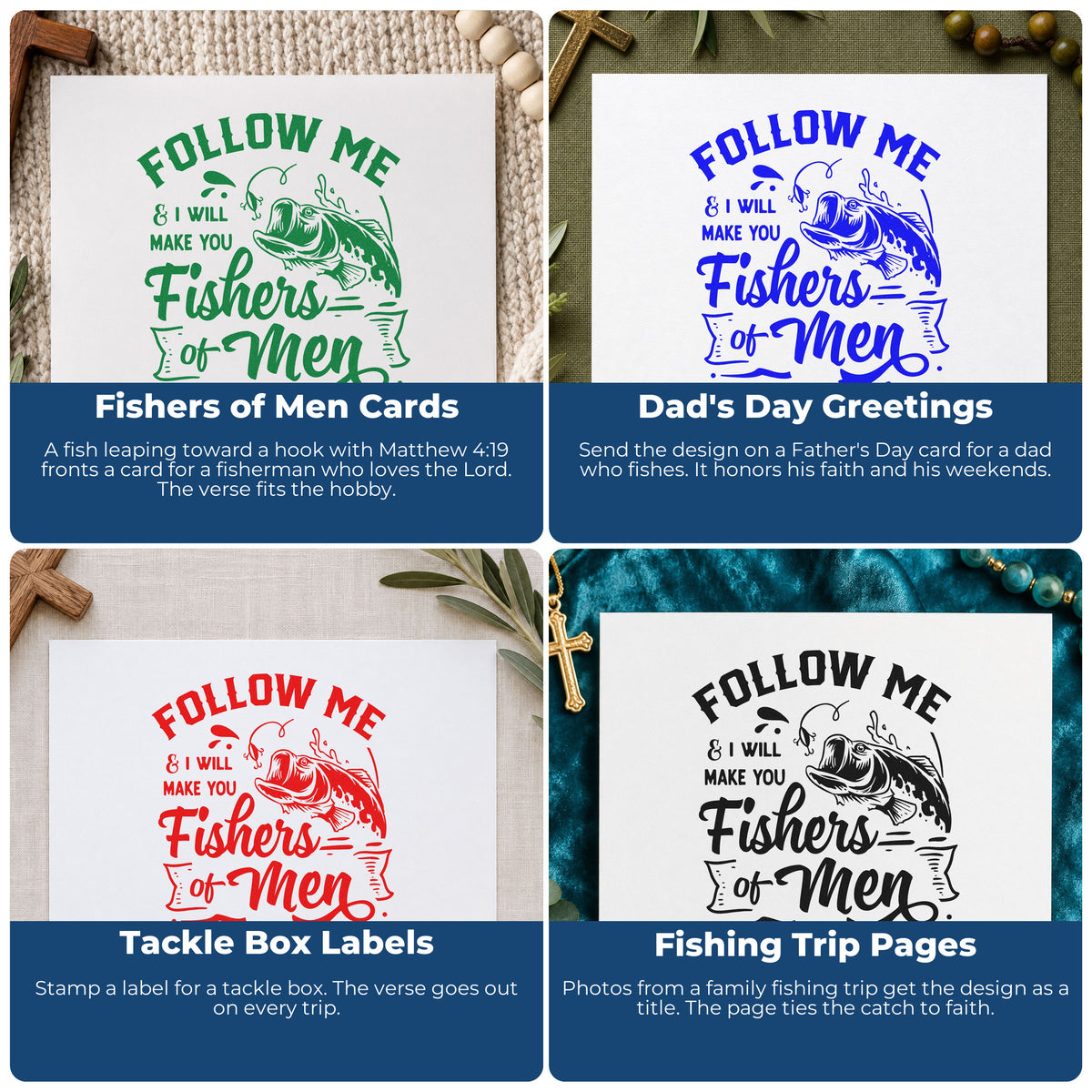 Four ways to use the Fishers Of Men PSI Pre-Inked Stamp: fishers of men cards, dad's day greetings, tackle box labels and fishing trip pages.