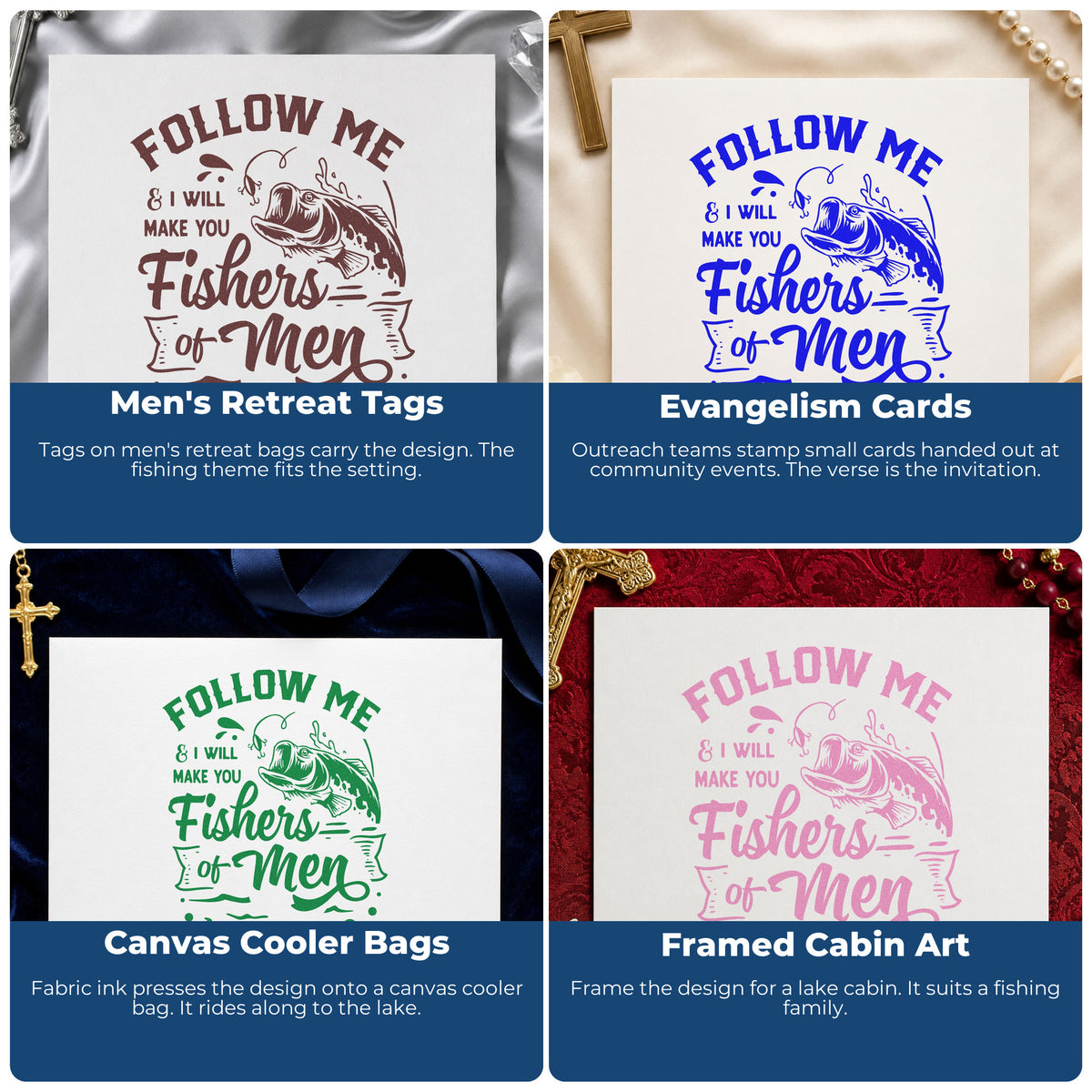 Four ways to use the Fishers Of Men Wood-Mounted Rubber Stamp: men's retreat tags, evangelism cards, canvas cooler bags and framed cabin art.