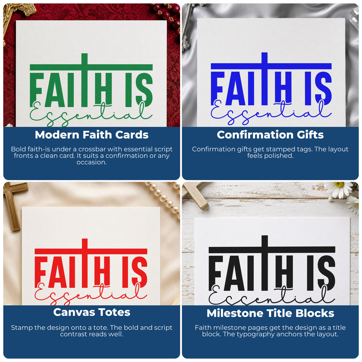 Four ways to use the Essential Faith Crossbar Lettering Wood Handle Stamp: modern faith cards, confirmation gifts, canvas totes and milestone title blocks.