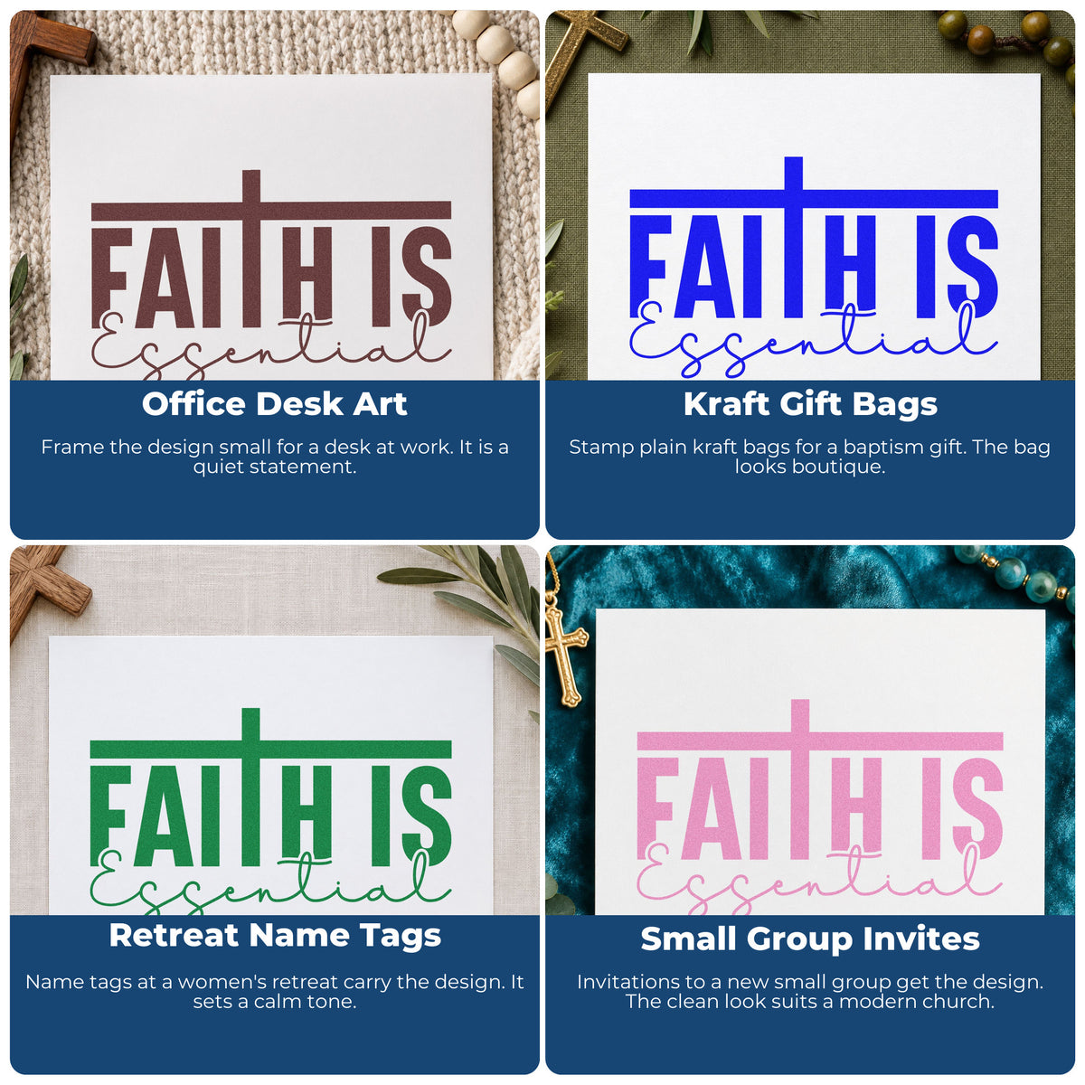Four ways to use the Duo Hand Essential Faith Crossbar Lettering Rubber Stamp: office desk art, kraft gift bags, retreat name tags and small group invites.