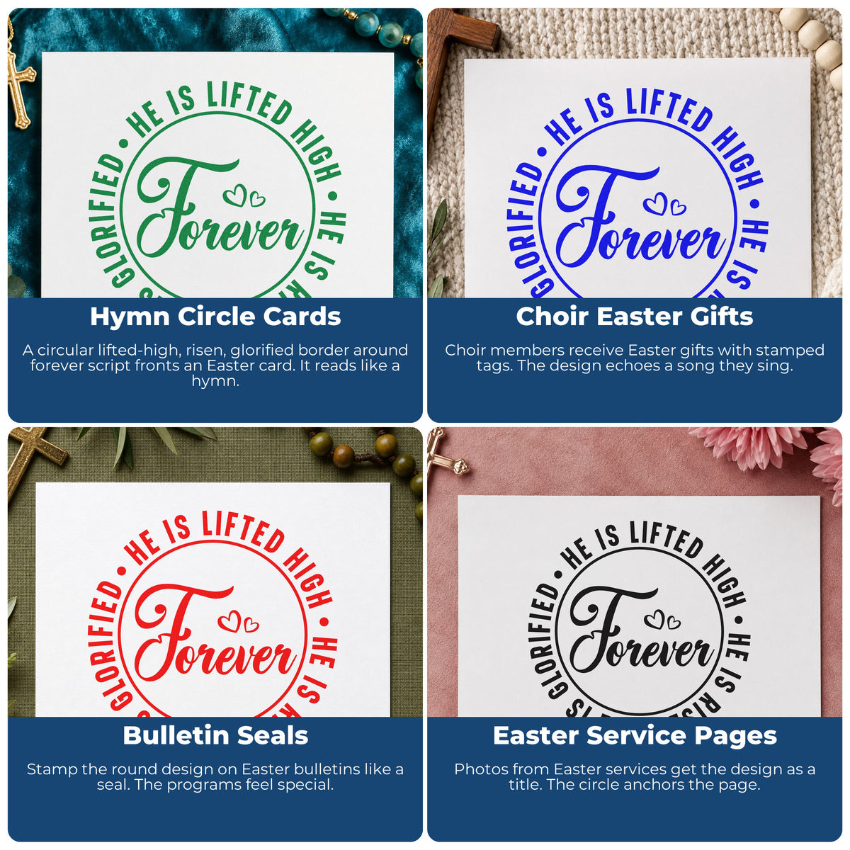 Four ways to use the Premium Wooden Forever He Is Risen With Hearts Stamp - Vintage Pro: hymn circle cards, choir easter gifts, bulletin seals and easter service pages.