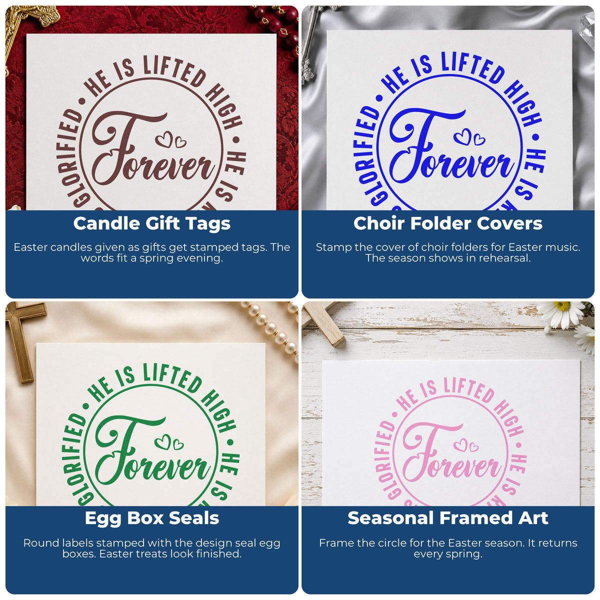 Four ways to use the Premium Wooden Forever He Is Risen With Hearts Stamp - Vintage Pro: candle gift tags, choir folder covers, egg box seals and seasonal framed art.