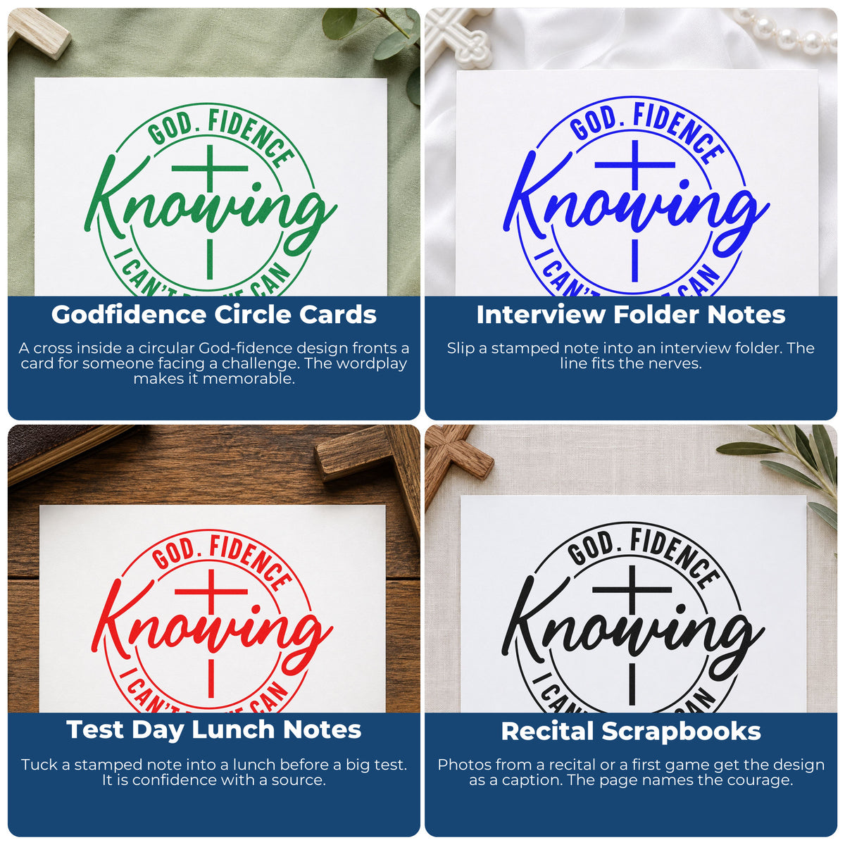 Four ways to use the Godfidence Knowing He Can Self-Inking Stamp: godfidence circle cards, interview folder notes, test day lunch notes and recital scrapbooks.