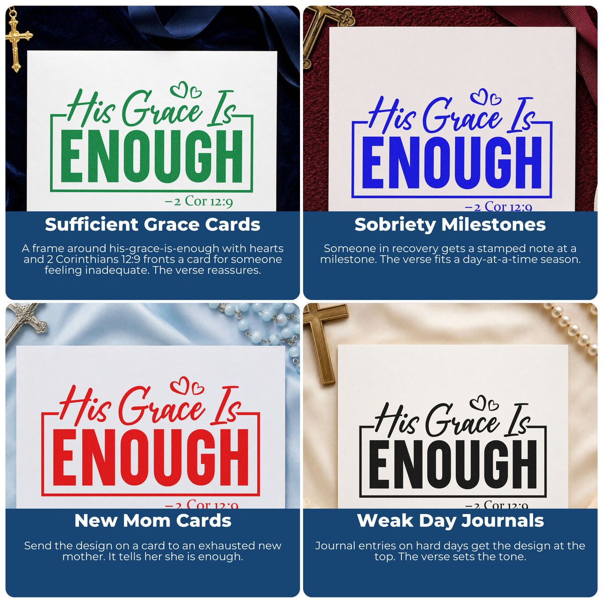 Four ways to use the His Grace Is Enough With Hearts Premium Wooden Stamp - Vintage Pro: sufficient grace cards, sobriety milestones, new mom cards and weak day journals.