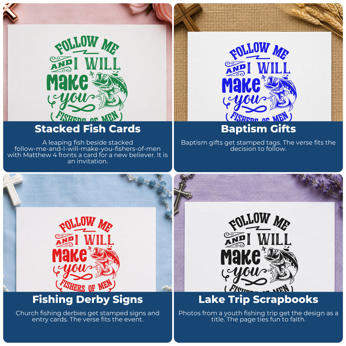 Four ways to use the Follow Me And I Will Make You Fishers Of Men Pre-Inked Stamp – PSI: stacked fish cards, baptism gifts, fishing derby signs and lake trip scrapbooks.