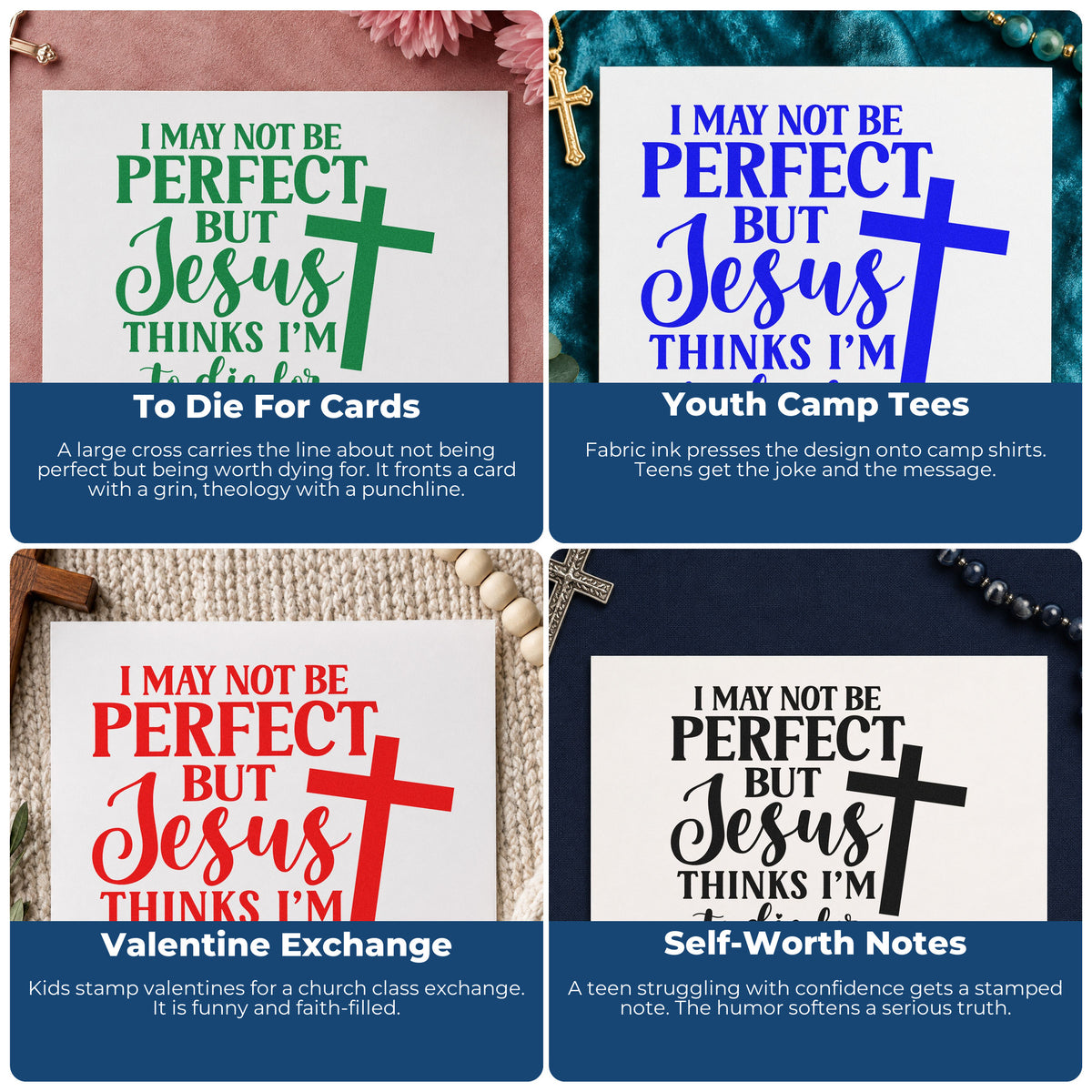 Four ways to use the Jesus Thinks I'm To Die For Stamp – Self-Inking: to die for cards, youth camp tees, valentine exchange and self-worth notes.