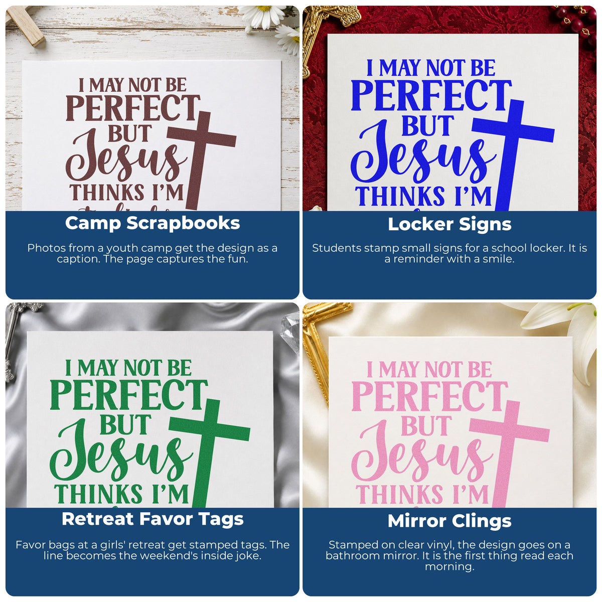 Four ways to use the Jesus Thinks I'm To Die For Hand Stamp – Duo: camp scrapbooks, locker signs, retreat favor tags and mirror clings.